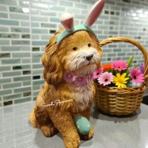 Havenese Easter Bunny Dog With Flower Collar & Easter Egg Spring Figure Decor